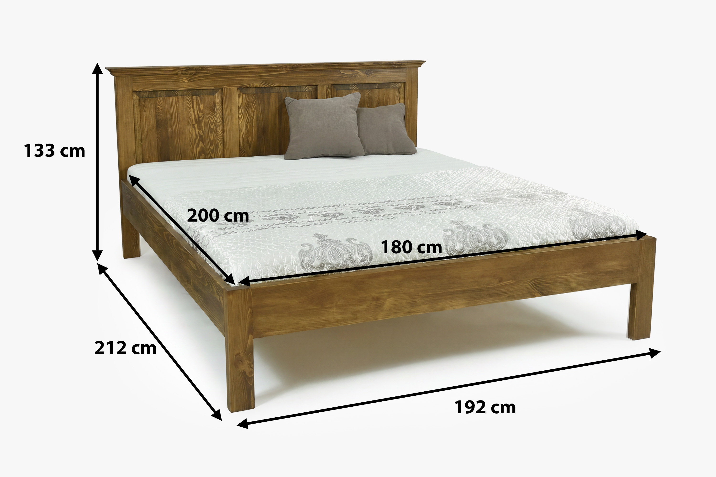 Abmessungen des Doppelbettes Venkov 180x200 cm – Gesamtbreite 192 cm, Länge 212 cm, Kopfhöhe 93 cm und Beinhöhe 40 cm