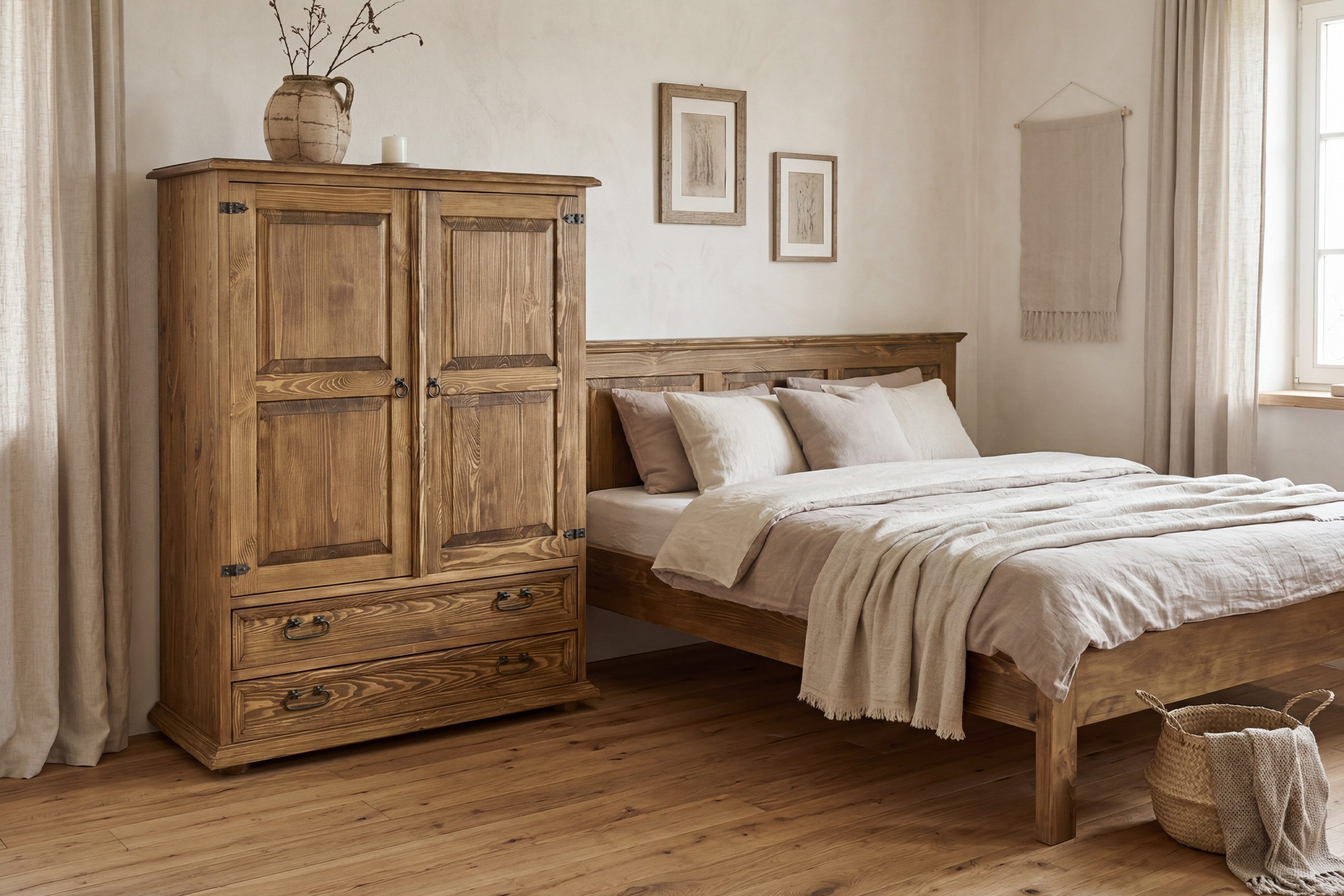 Bett und hoher Kommode 