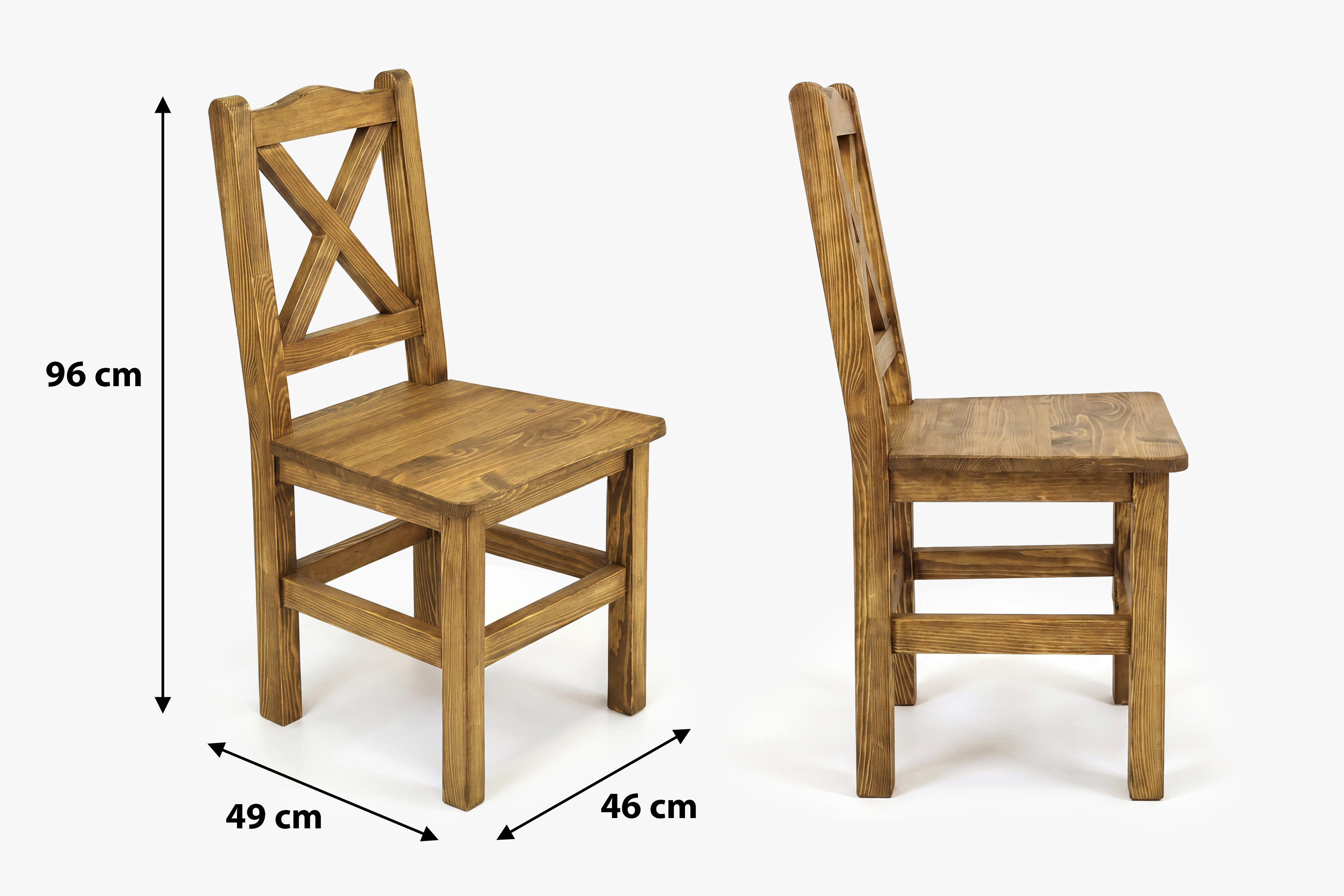 Rozmery rustikálnej jedálenskej stoličky Venkov – výška 96 cm, šírka 46 cm, hĺbka 49 cm