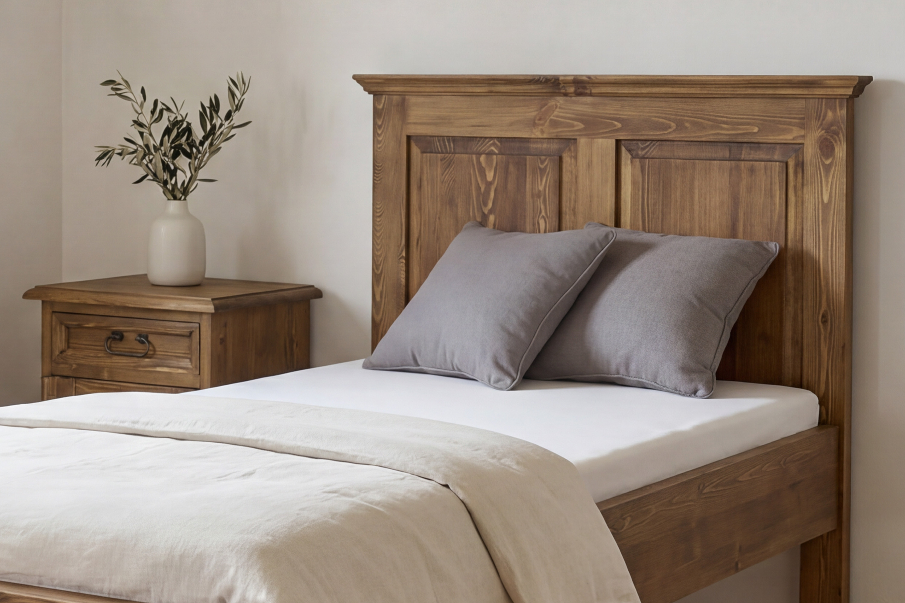 Detail čela a masívneho prevedenia rustikálnej borovicovej postele