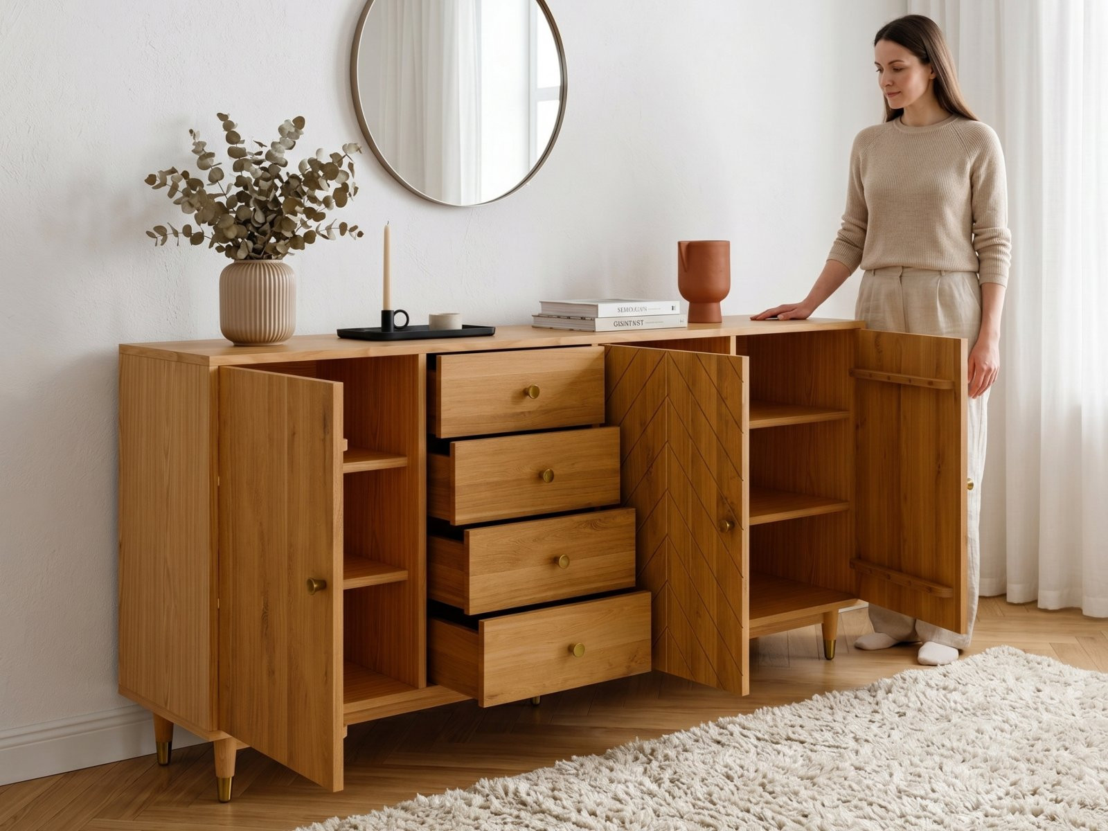 Dubová komoda Jessica s úložným priestorom a detailom frézovaného vzoru