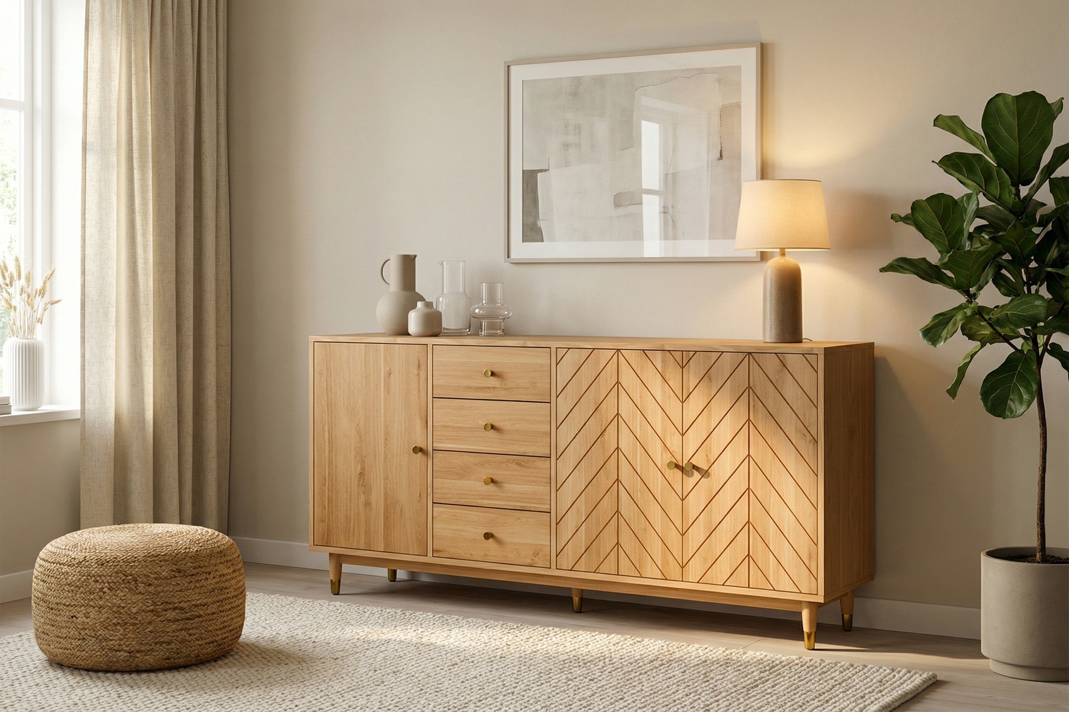 Masívna dubová komoda Jessica 190 cm s frézovaným vzorom rybej kosti