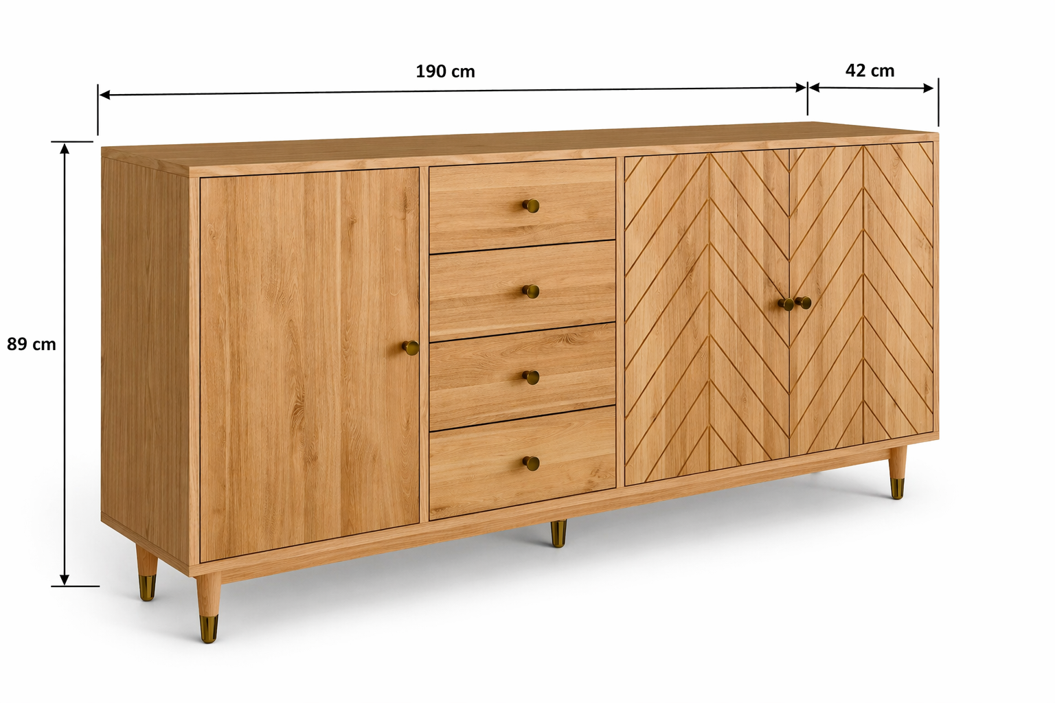 Rozmery komody Jessica – šírka 190 cm, výška 89 cm, hĺbka 42 cm