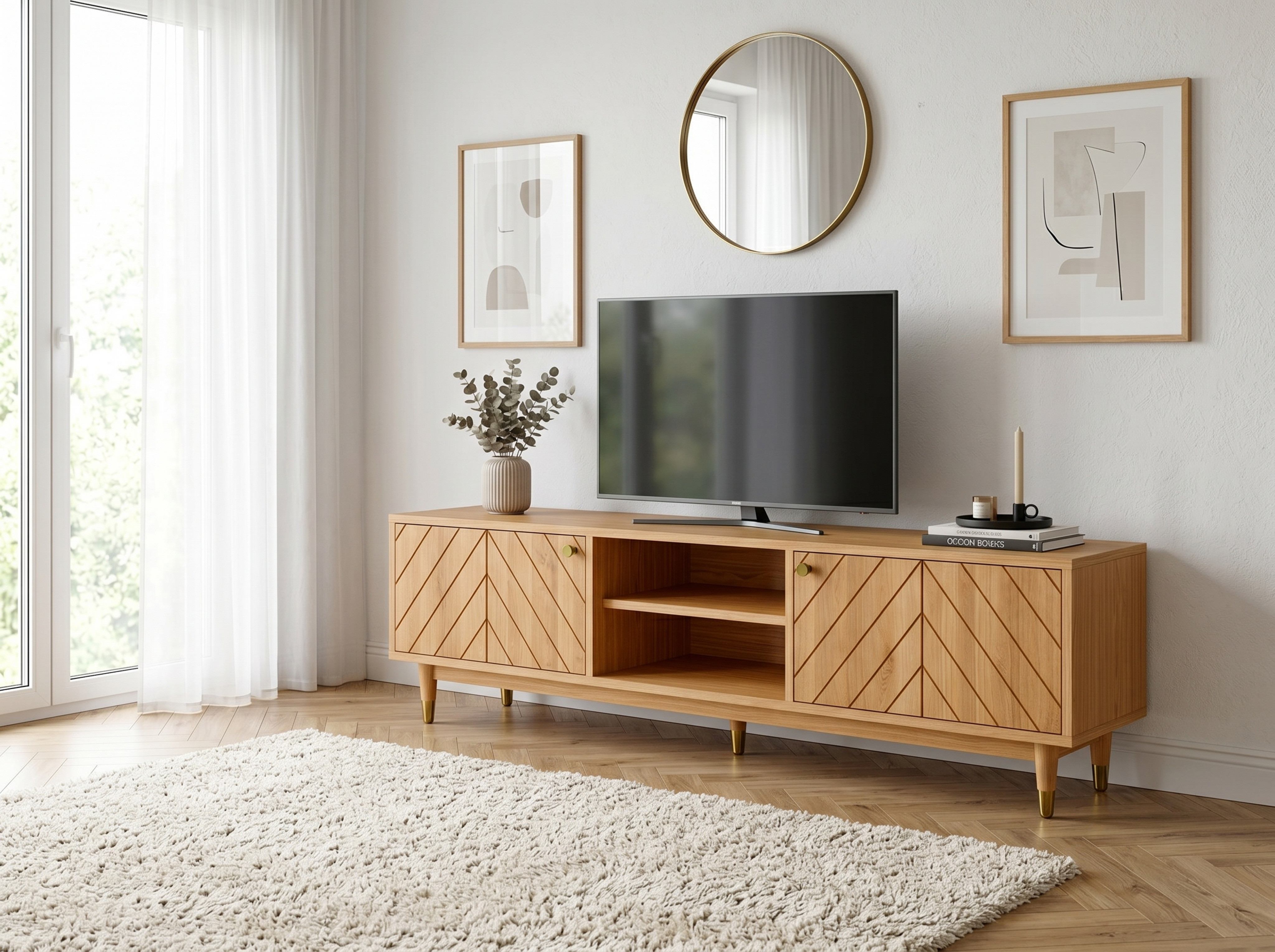 Masívna TV komoda Jessica 179 cm s frézovaným vzorom rybej kosti z dubu