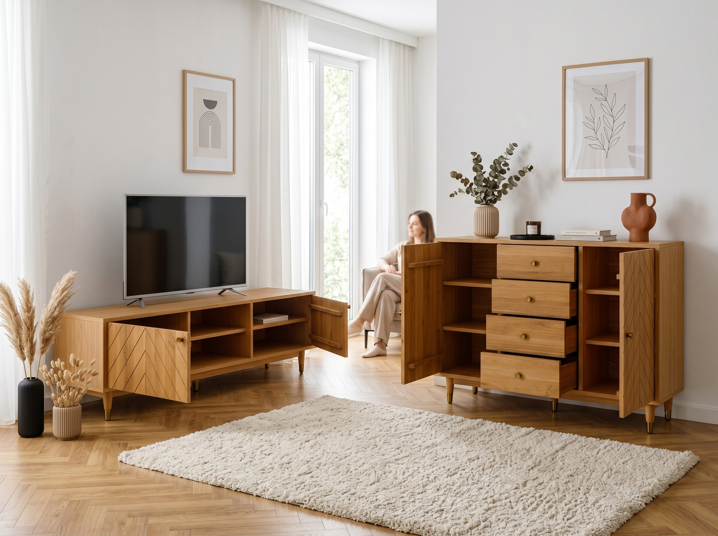 Dubová TV komoda Jessica s úložným priestorom a zlatými detailmi do obývacej izby