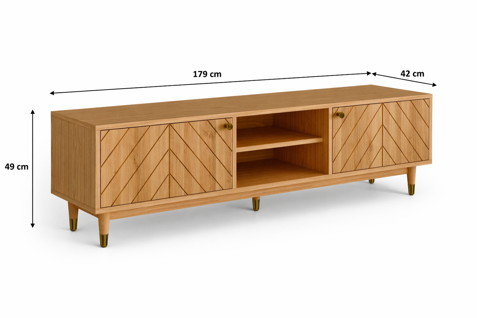 Rozmery TV komody Jessica – šírka 179 cm, výška 49 cm, hĺbka 42 cm