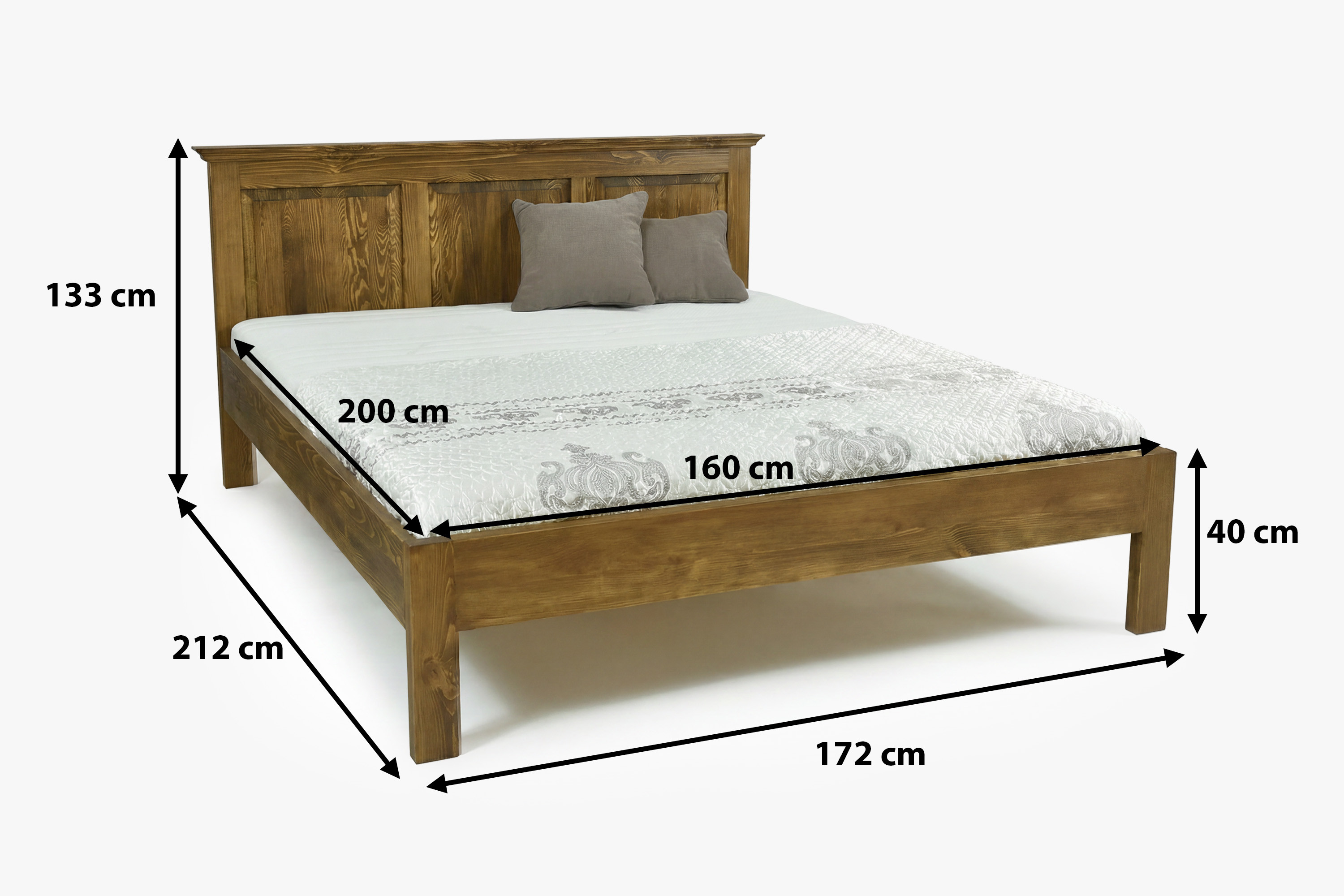 A Venkov 160x200 cm-es házaspár ágy méretei – szélesség: 172 cm, hossz: 212 cm, fejtámla magassága: 93 cm