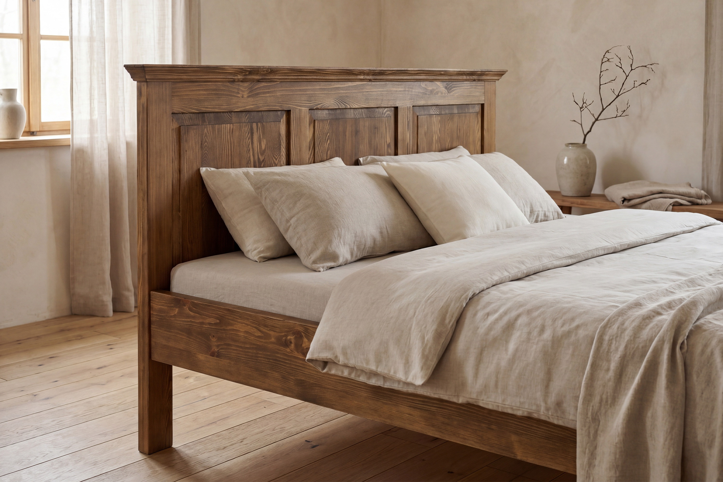 A Venkov sorozat rusztikus borovi házaspár ágyának részlete