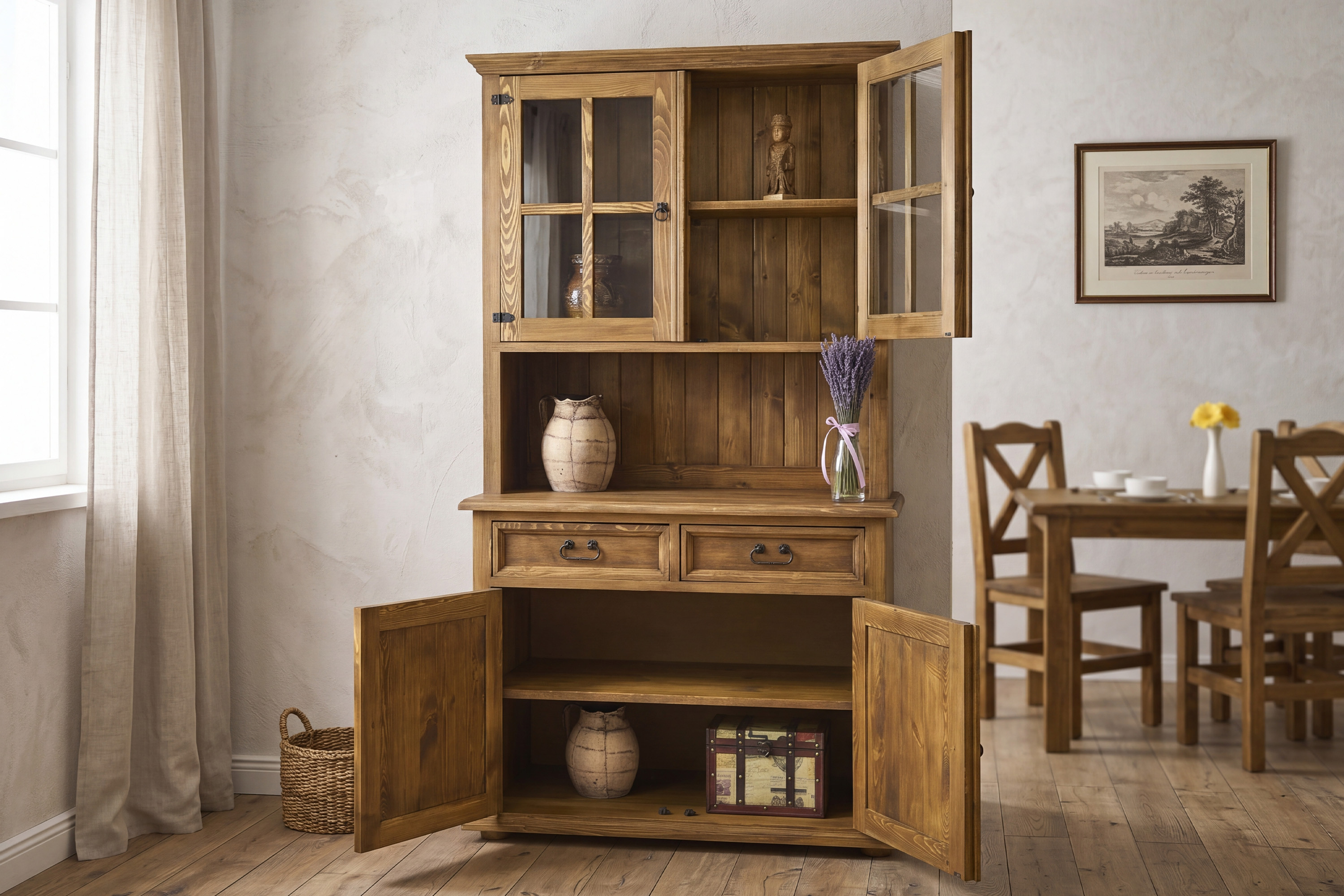 Veľký rustikálny príborník z borovice do jedálne v selském štýle