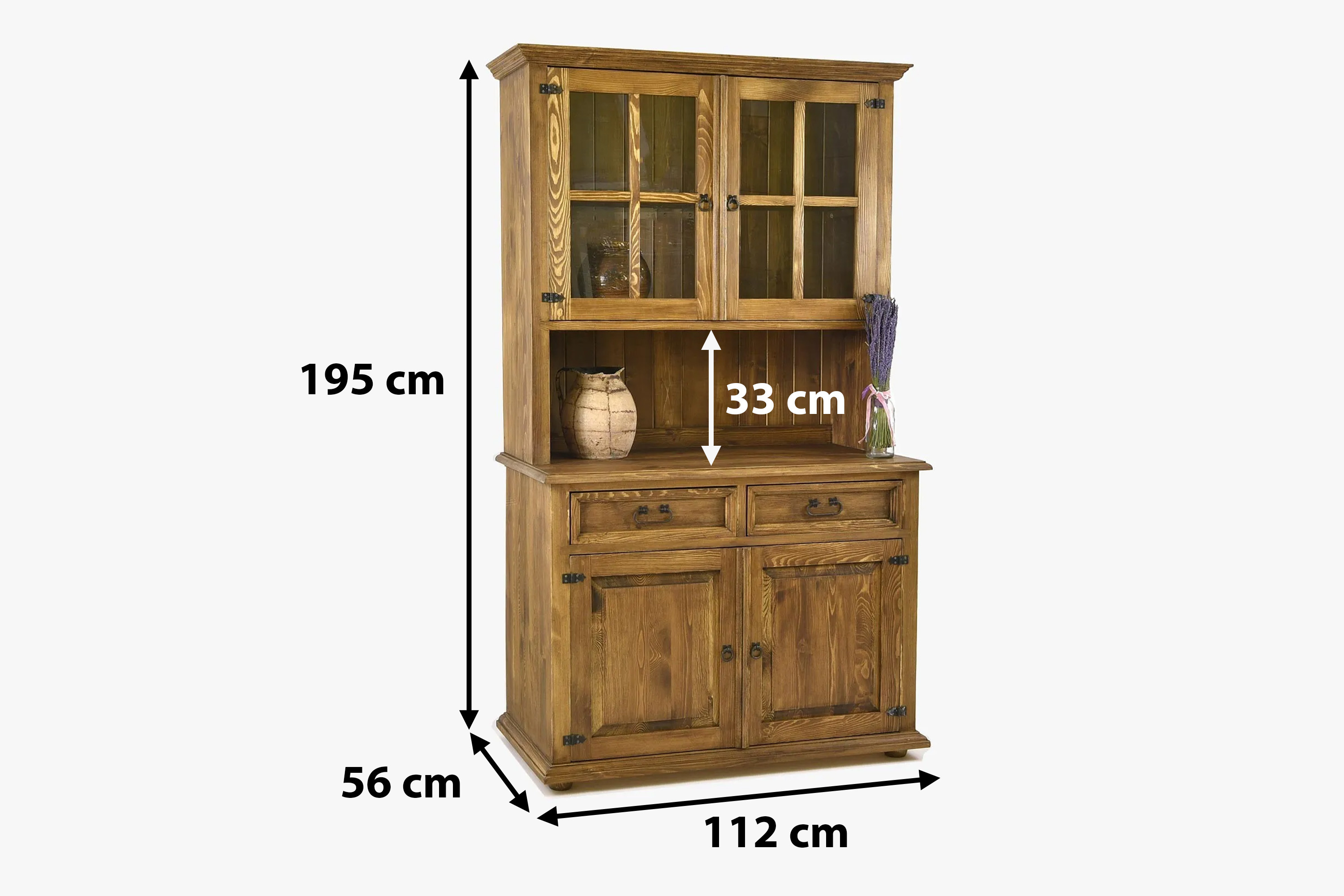Rozmery rustikálneho príborníka do jedálne – výška 195 cm, šírka 112 cm, hĺbka 56 cm