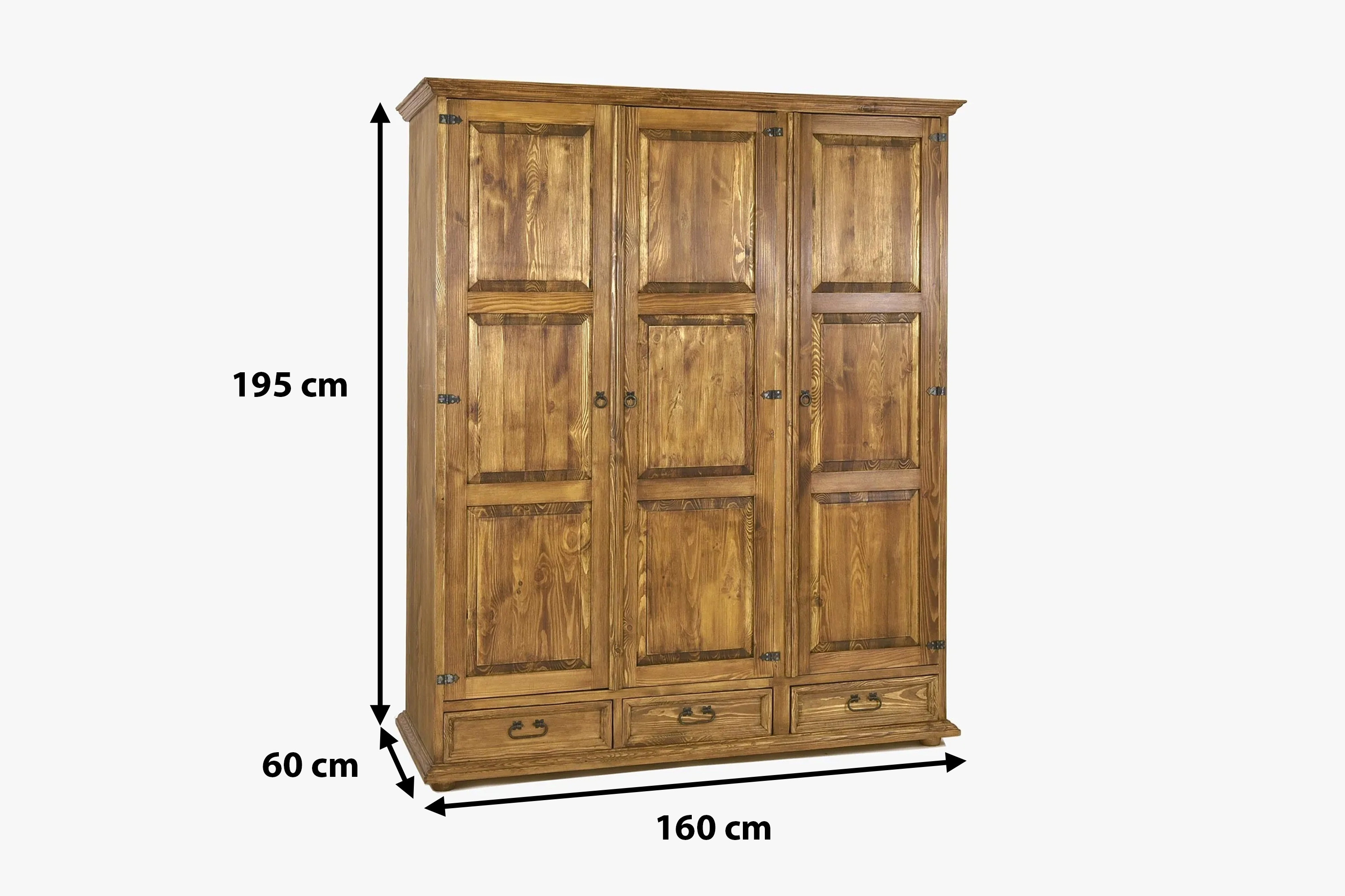 Rozmery trojdverovej rustikálnej skrine – výška 195 cm, šírka 160 cm, hĺbka 60 cm