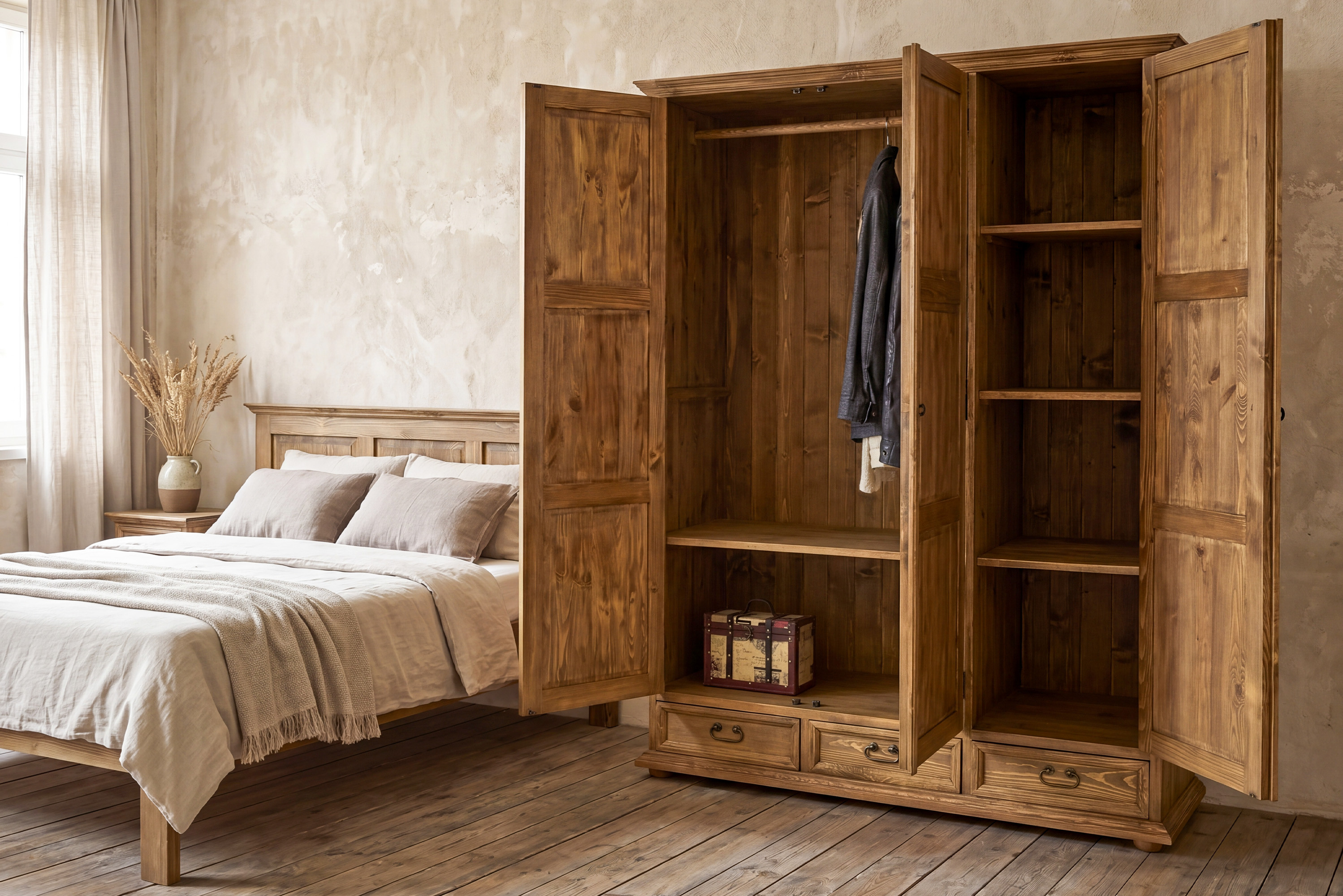 Rozmery trojdverovej rustikálnej skrine – výška 195 cm, šírka 160 cm, hĺbka 60 cm