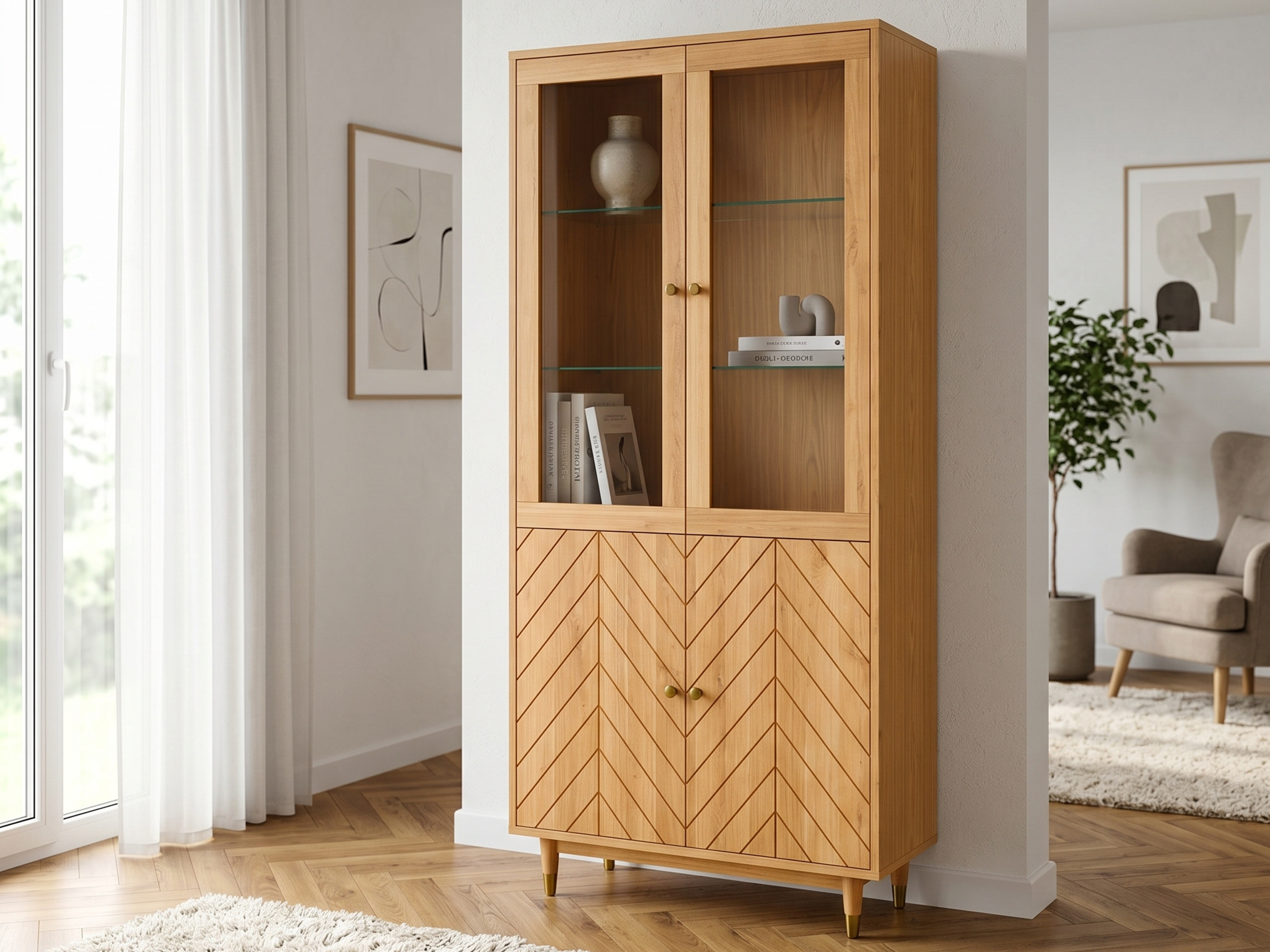 Dubová vitrína 95 cm s presklenými dvierkami a dekorom rybej kosti