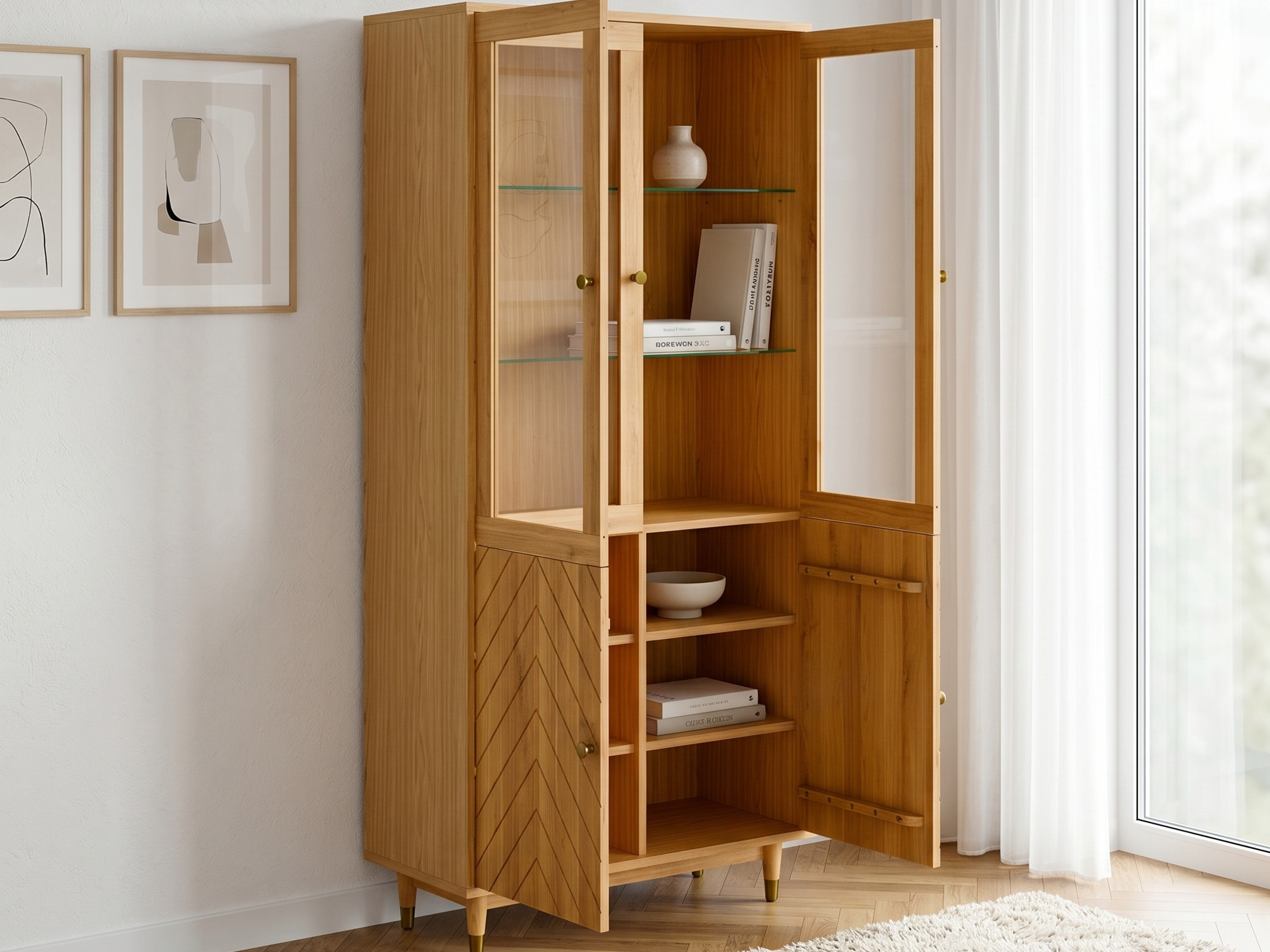 Presklená dubová vitrína do obývačky s policami a úložným priestorom