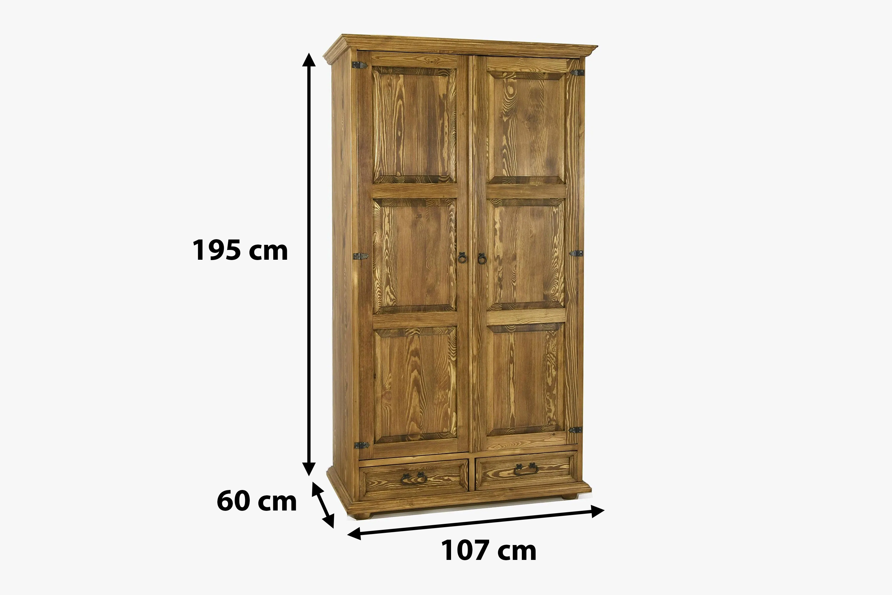 Rozmery rustikálnej šatníkovej skrine Delena – výška 195 cm, šírka 107 cm, hĺbka 60 cm