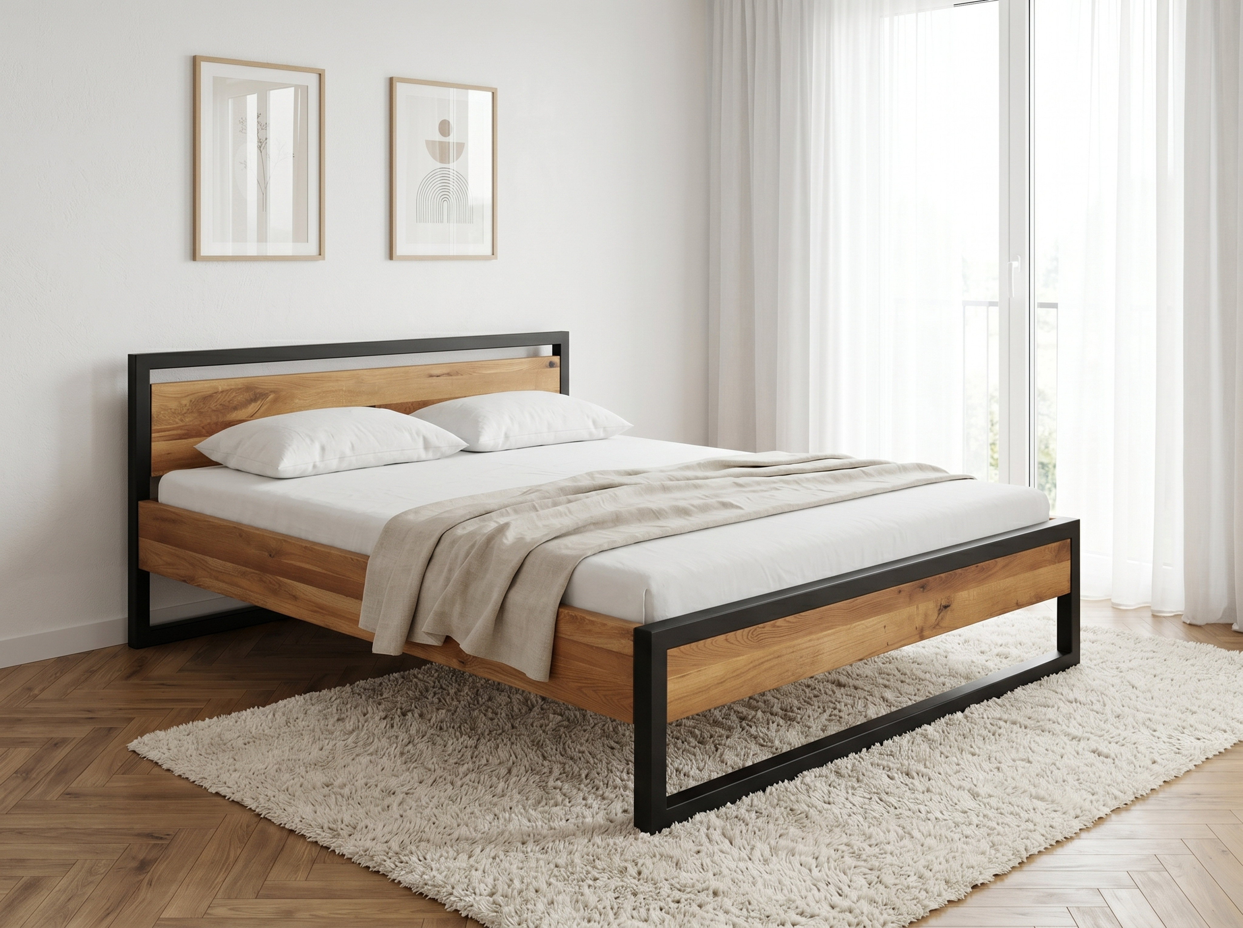 Masívna dubová posteľ Boss 180x200 cm s čiernym kovovým rámom