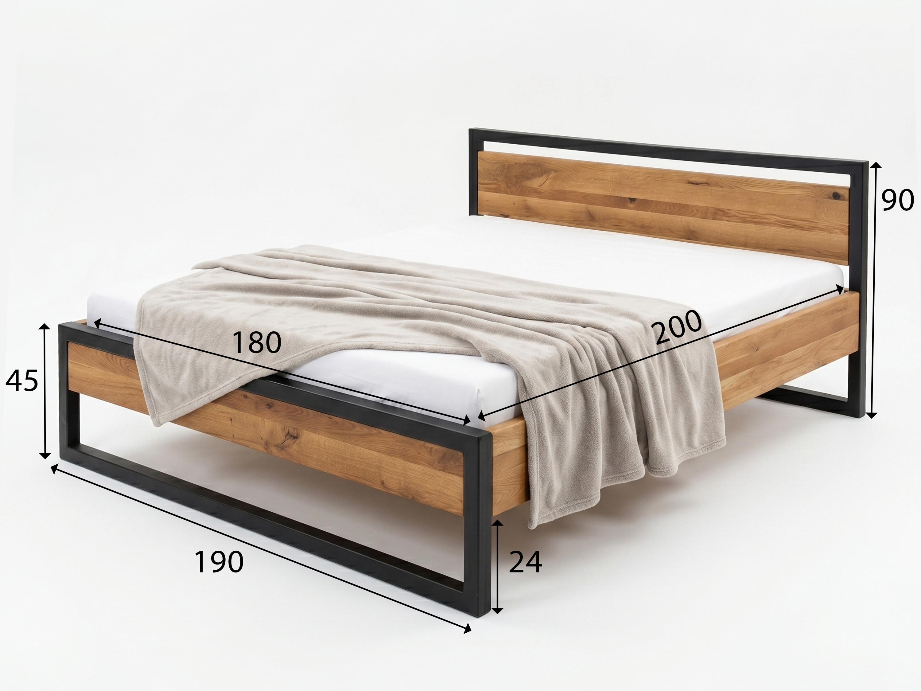 Rozmery dubovej postele Boss 180x200 cm – plocha pre matrac 180 x 200 cm, celková šírka 190 cm, výška čela 90 cm, výška predného rámu 45 cm a svetlá výška 24 cm