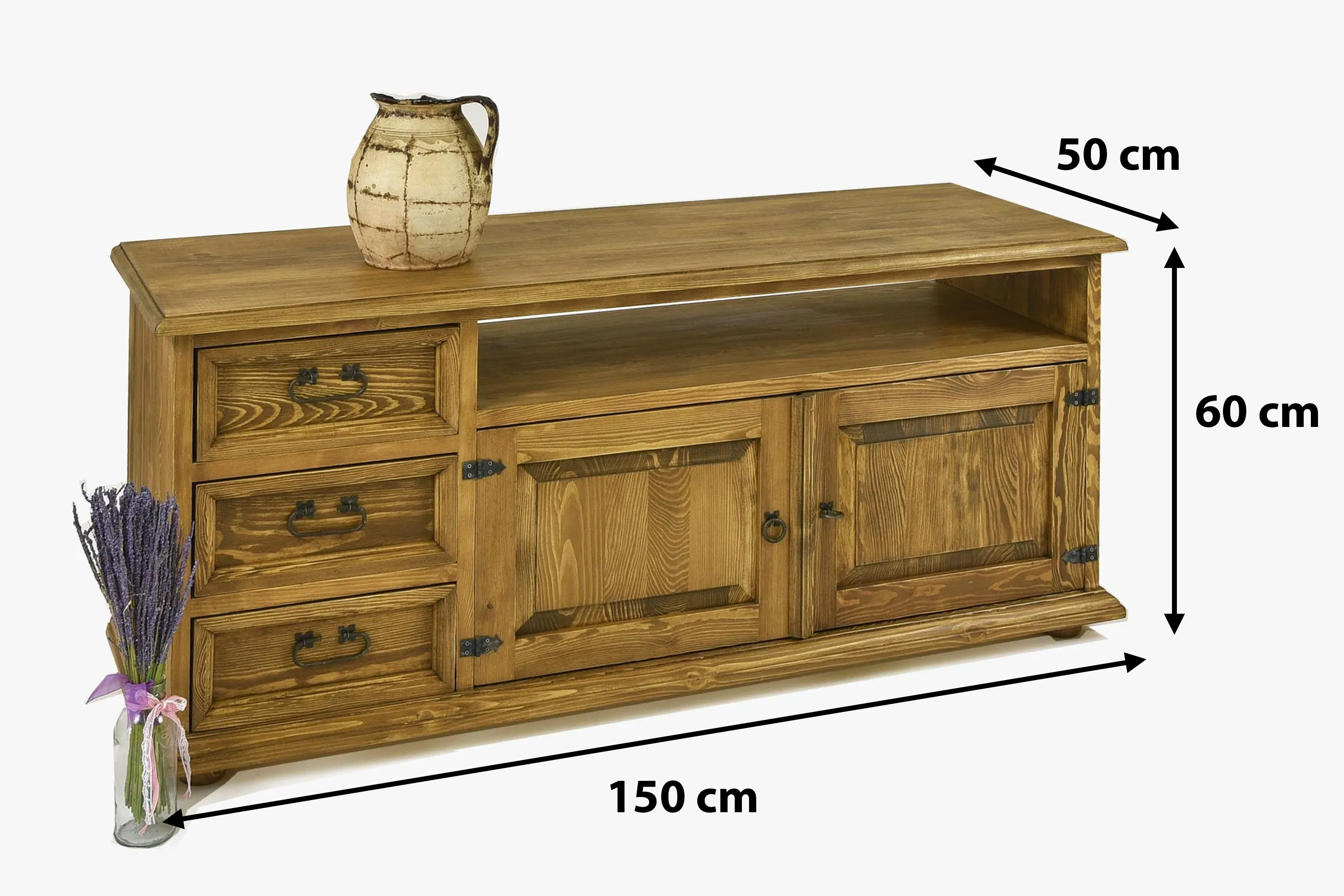 Rozměry selské TV komody z masivu typ 107 – výška 60 cm, šířka 150 cm, hloubka 50 cm