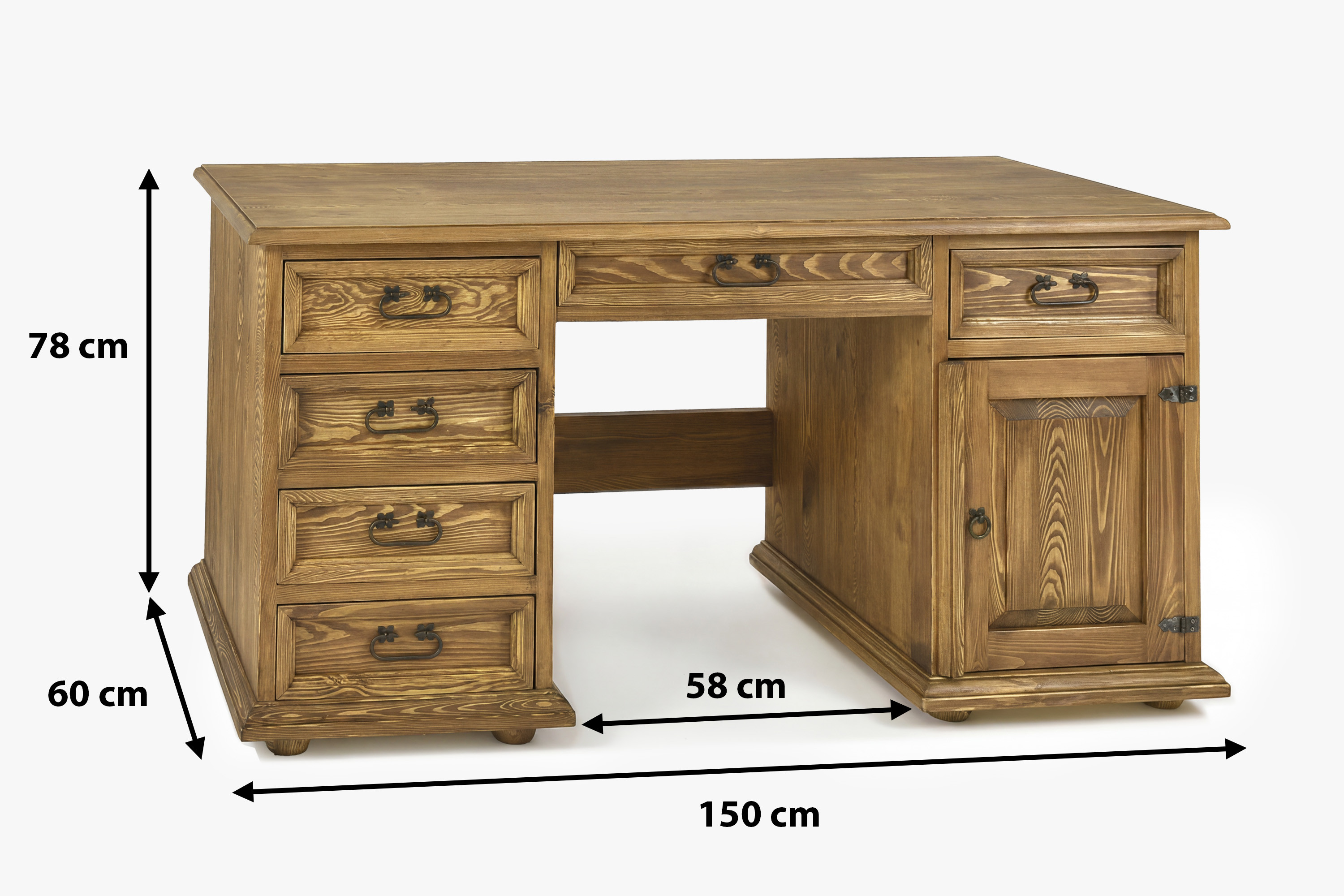 Rozmery PC stolíka vo francúzskom štýle - výška 78 cm, šírka 150 cm, hĺbka 60 cm, priestor na nohy 58 cm