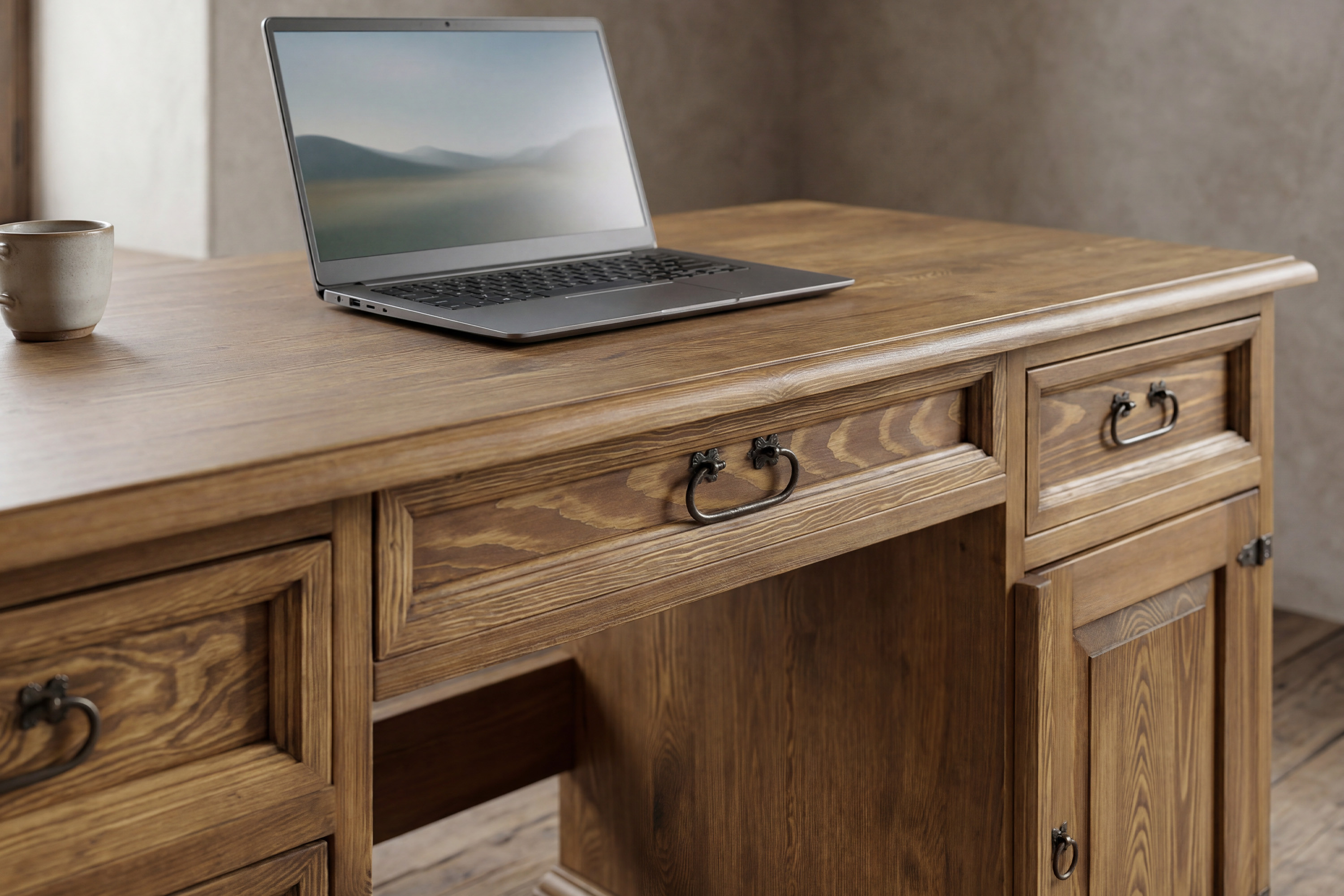 Rustikálny písací stôl z borovice s dvierkami a štyrmi zásuvkami