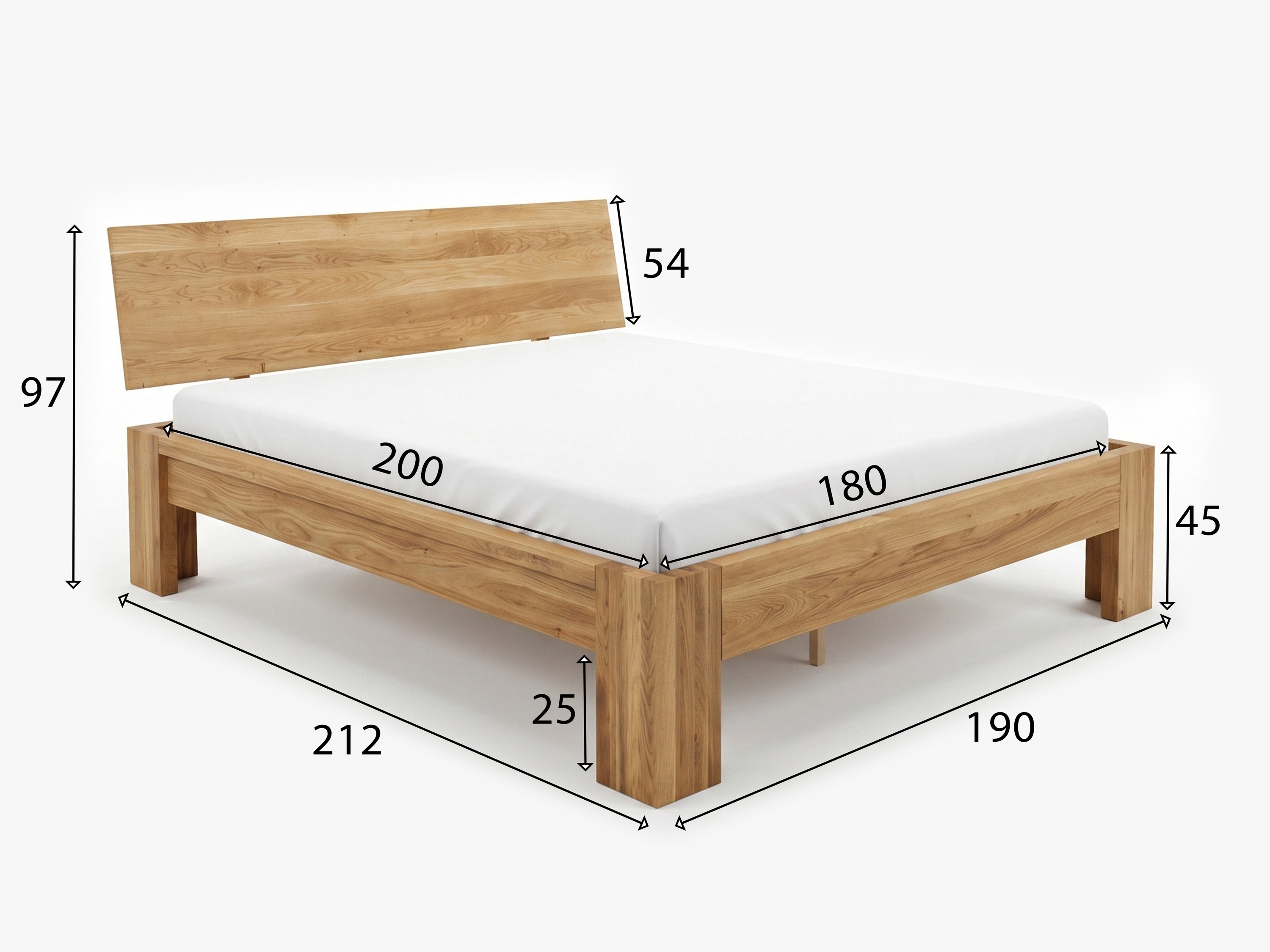 Dubová posteľ Queen 180 x 200 cm – rozmery (celková dĺžka 212 cm, šírka 190 cm, výška čela 97 cm)