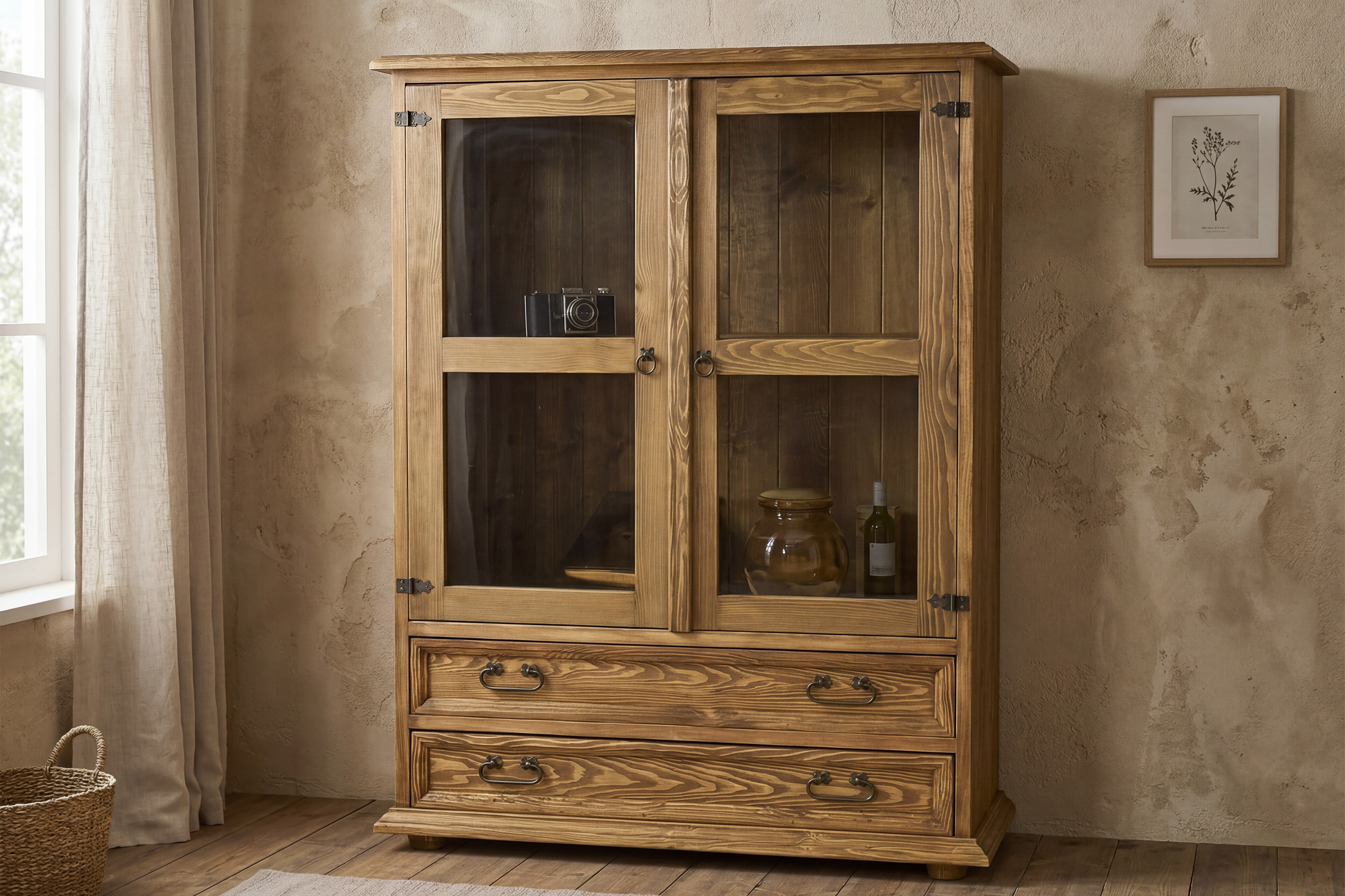 Rusztikus vitrin nappaliba Venkov tömör fenyőből