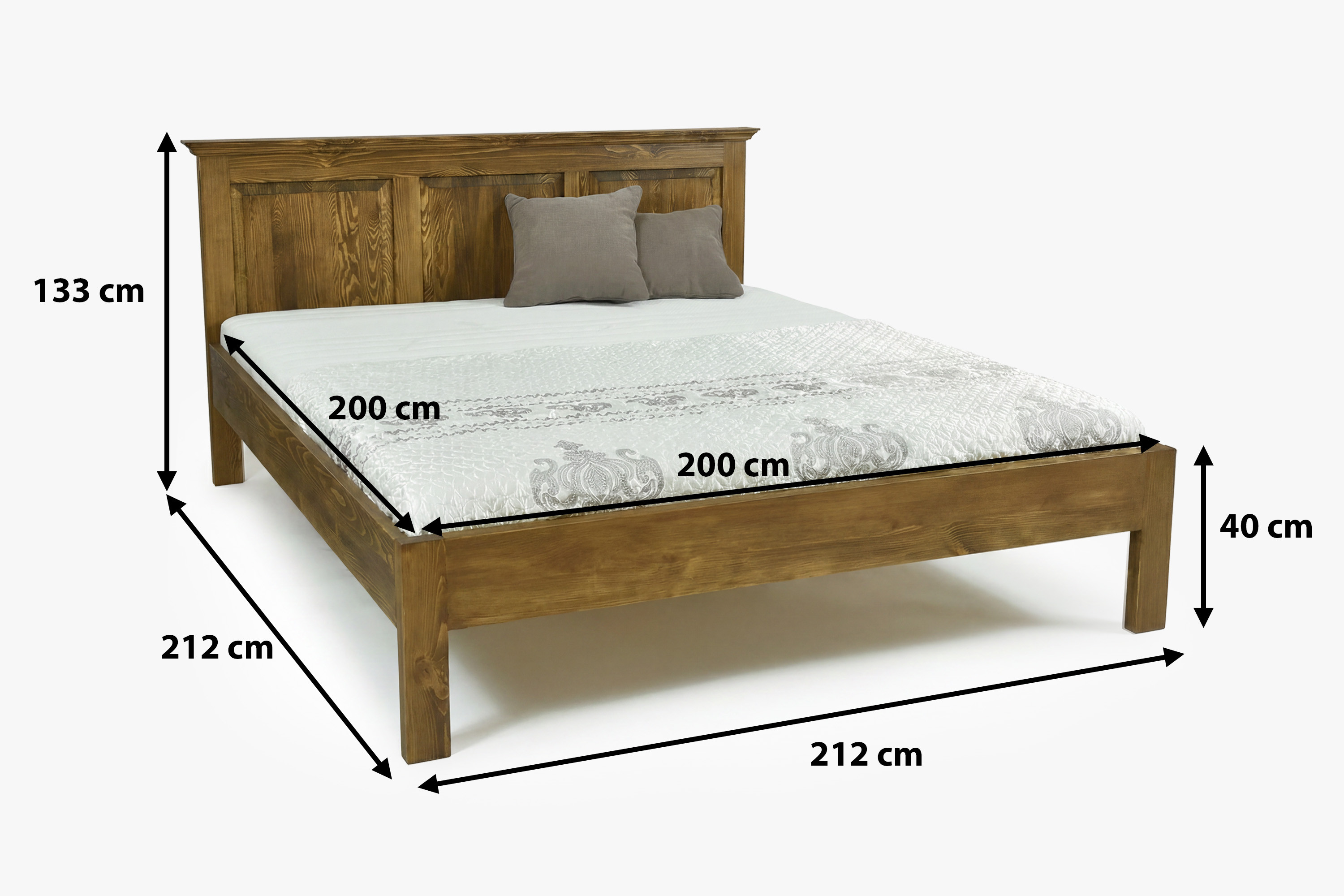 Rusztikus franciaágy méretei 200x200 cm – teljes szélesség 212 cm, hossz 212 cm, fejtámla magasság 93 cm