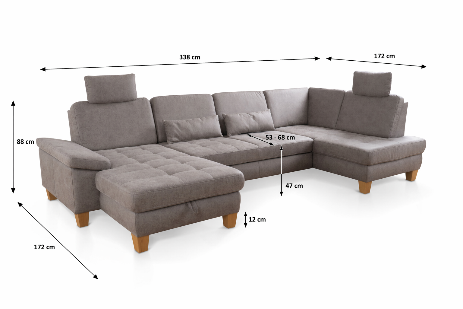 Rozmery sedacej súpravy do U WESTHAM LC/2,5/OttoXS – 338 x 88 x 172 cm