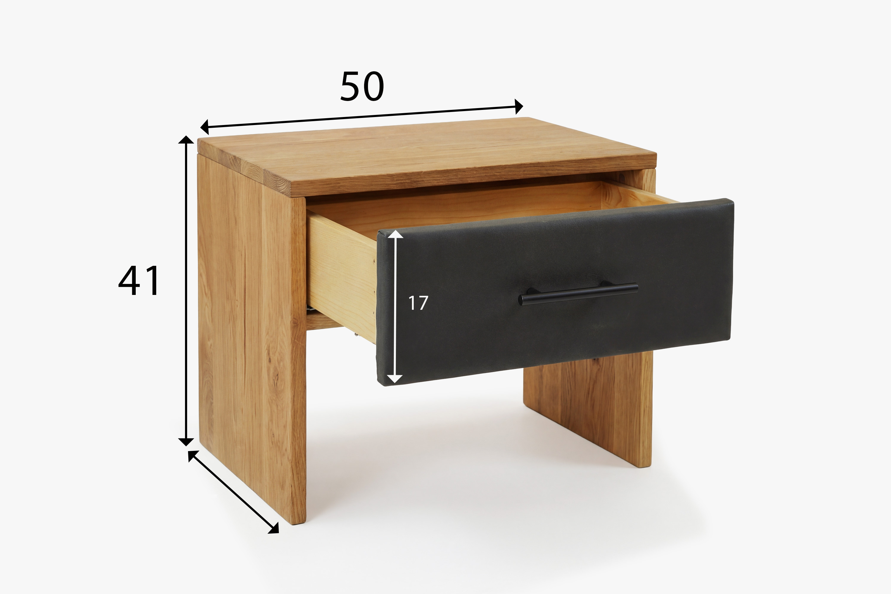 Rozmery outlet dubového nočného stolíka z masívu – šírka 50 cm, výška 41 cm, výška čela zásuvky 17 cm
