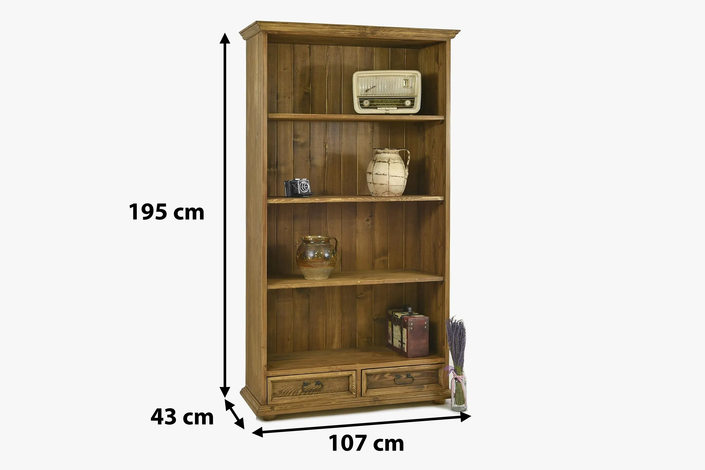 Abmessungen des rustikalen Massivholz-Bücherregals der Serie Venkov – Höhe 195 cm, Breite 107 cm, Tiefe 43 cm