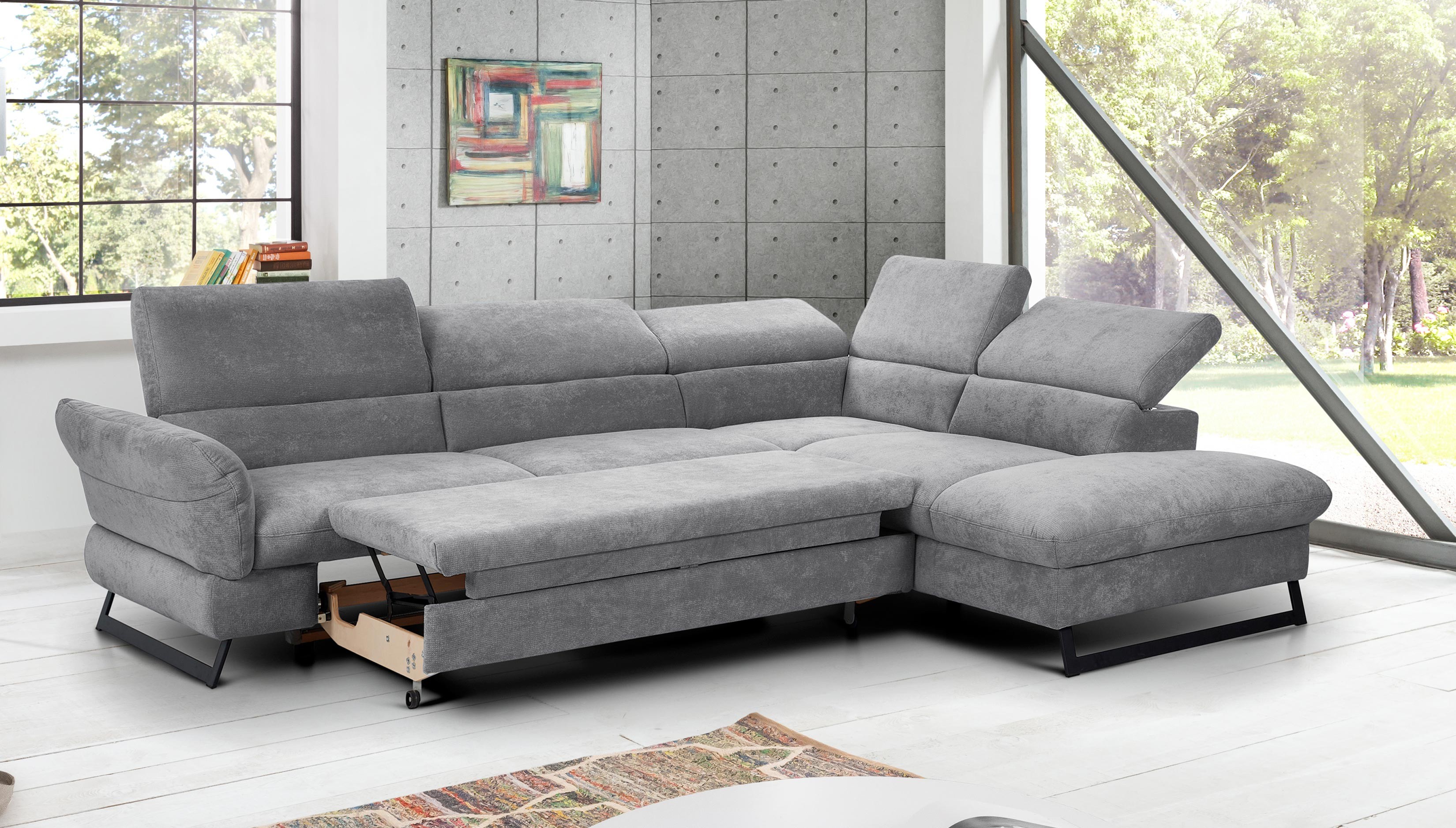 Ecksofa mit Schlaffunktion, grau auf Beinen - haiti