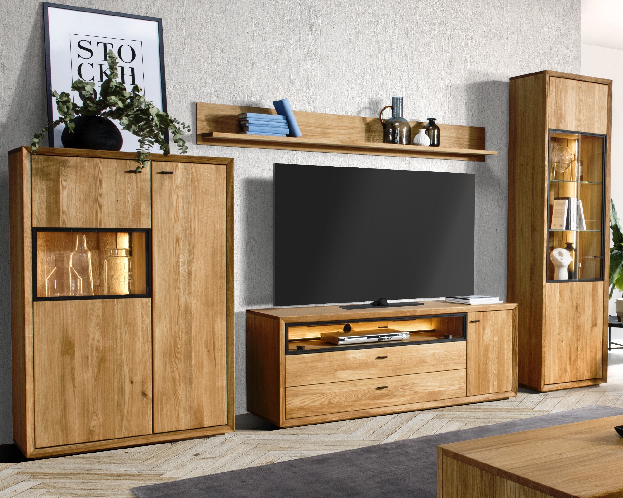 Moderne Wohnwand Eiche mit Beleuchtung, Vigo Kollektion