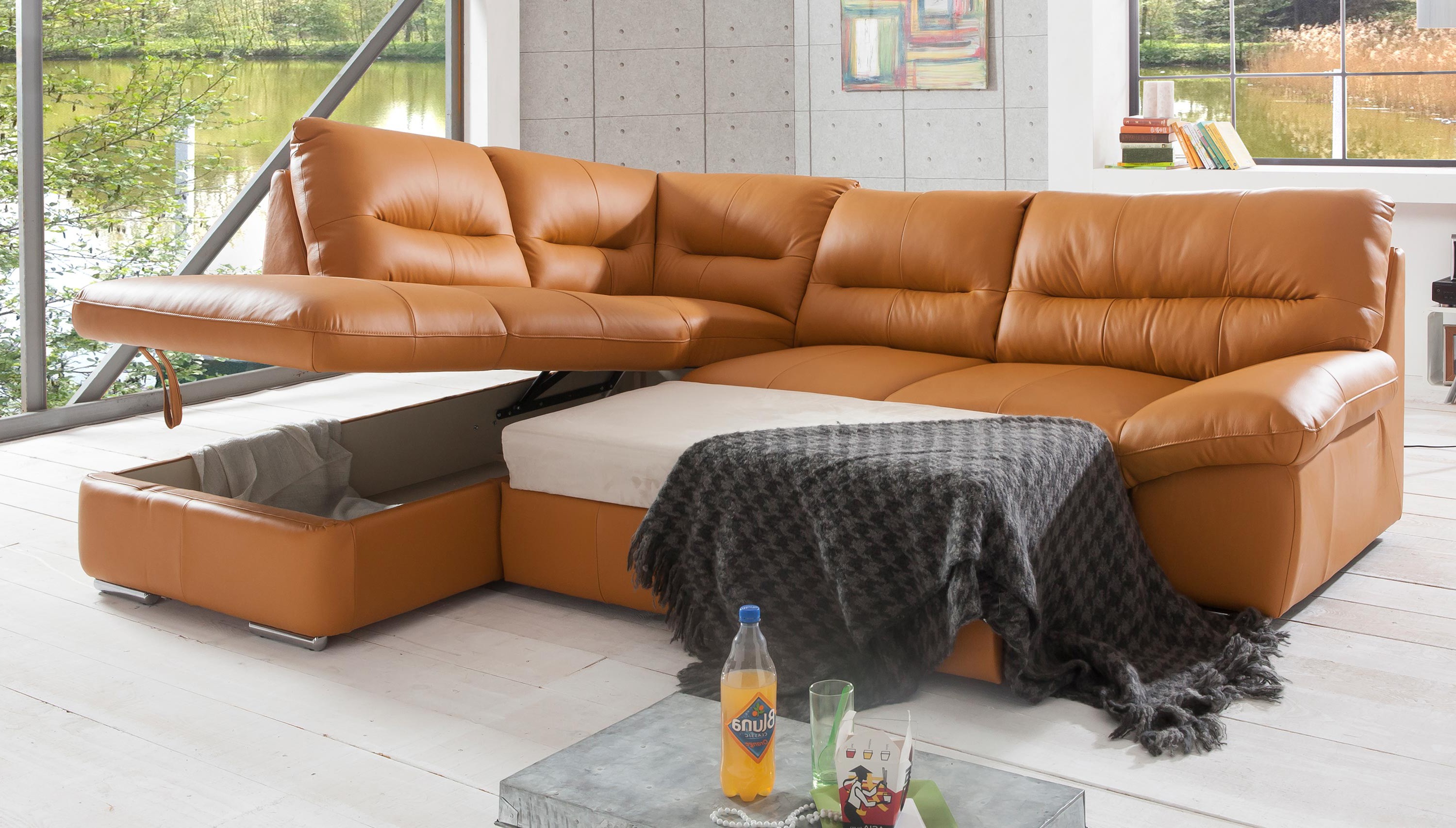 Rohová sedacia súprava - pravá koža oranžová, William, funkcia spania a úložný priestor