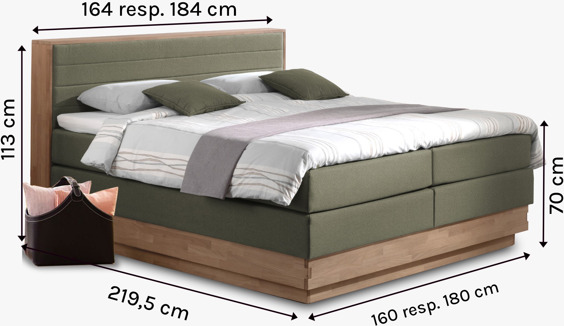 Dubová postel boxspring s úložným prostorem včetně matrací Moneta 160 x 200