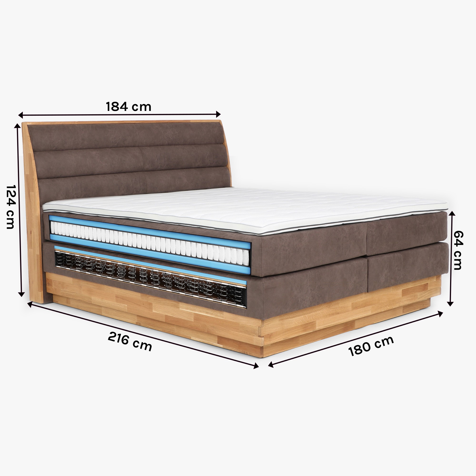 Dubová postel boxspring s úložným prostorem včetně matrací Marisa 180 x 200 cm