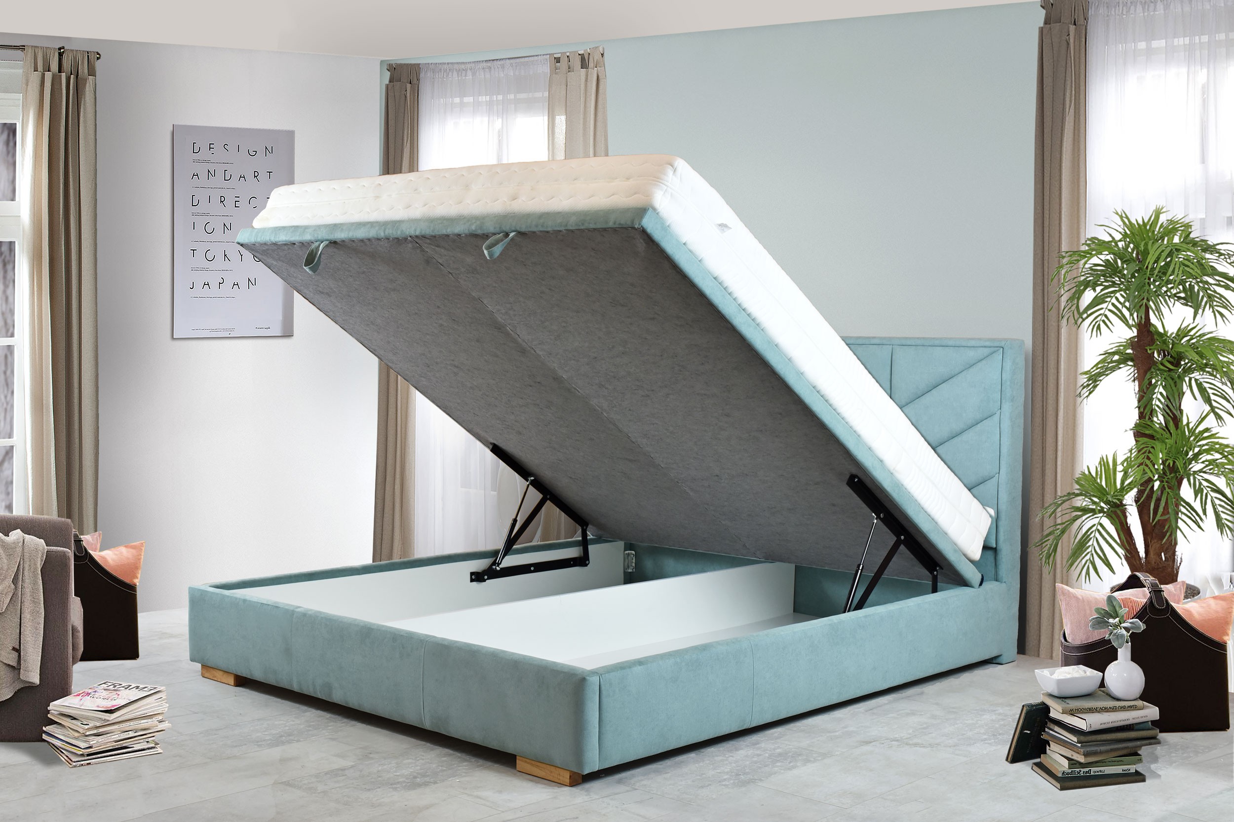 Čaluněná postel 180 x 200 s úložným prostorem mátová, Novi